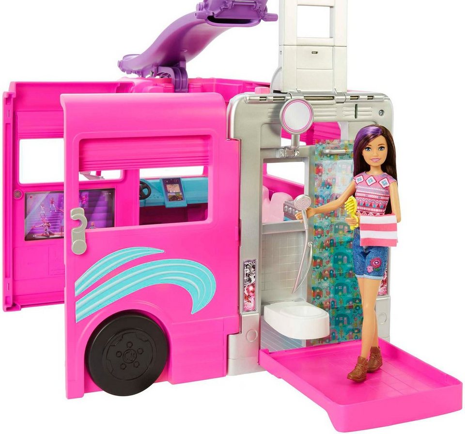 Barbie Spielzeug-Auto Super Abenteuer-Camper, mit Pool, Rutsche und über 60 Zubehörteilen