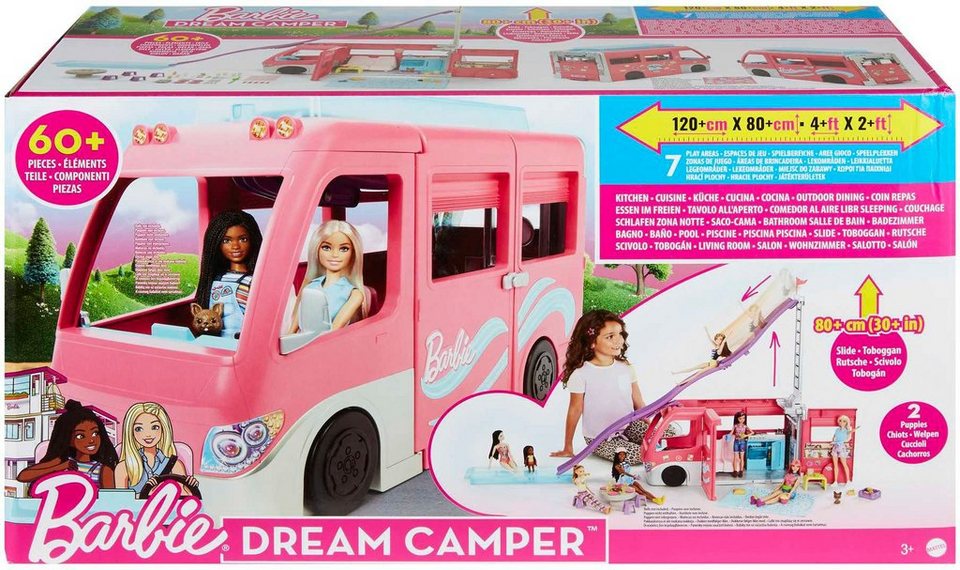 Barbie Spielzeug-Auto Super Abenteuer-Camper, mit Pool, Rutsche und über 60 Zubehörteilen