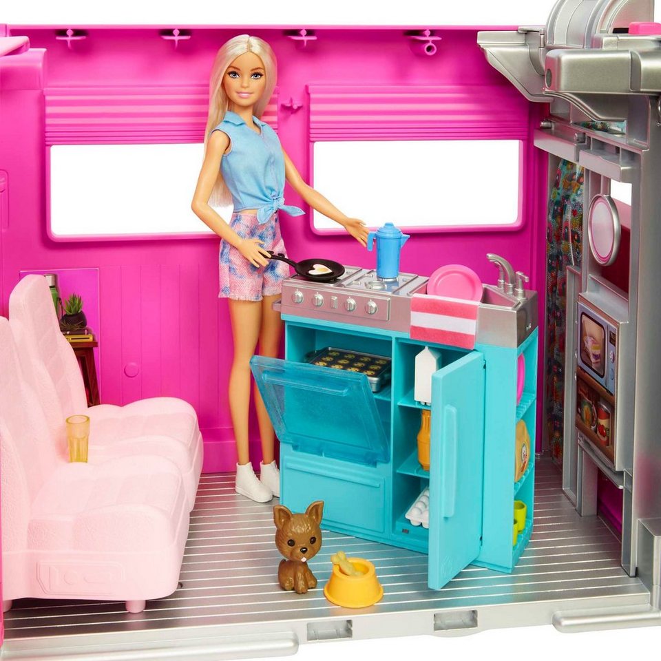 Barbie Spielzeug-Auto Super Abenteuer-Camper, mit Pool, Rutsche und über 60 Zubehörteilen