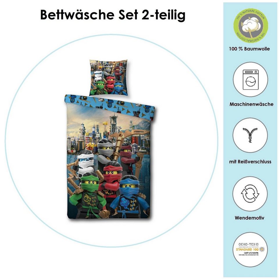 Familando Kinderbettwäsche Lego Ninjago 135x200 + 80x80cm mit Reißverschluss aus 100% Baumwolle, Renforcé, 2 teilig, Motiv "Assemble" mit Lloyd, Kai, Jay, Nyia, Cole & Zane