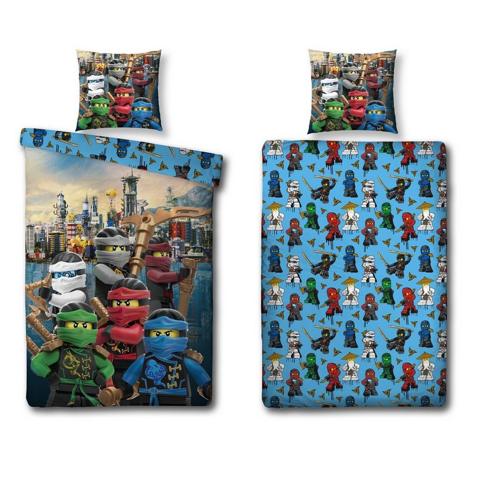 Familando Kinderbettwäsche Lego Ninjago 135x200 + 80x80cm mit Reißverschluss aus 100% Baumwolle, Renforcé, 2 teilig, Motiv "Assemble" mit Lloyd, Kai, Jay, Nyia, Cole & Zane