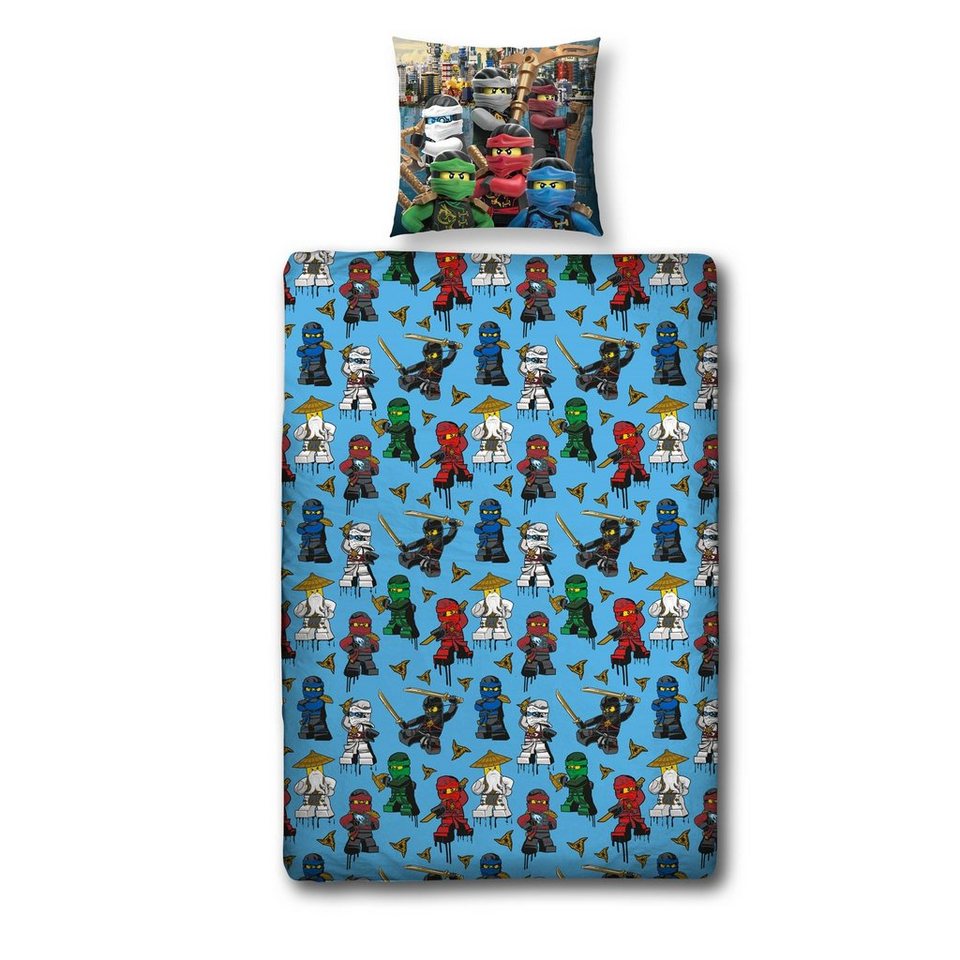 Familando Kinderbettwäsche Lego Ninjago 135x200 + 80x80cm mit Reißverschluss aus 100% Baumwolle, Renforcé, 2 teilig, Motiv "Assemble" mit Lloyd, Kai, Jay, Nyia, Cole & Zane