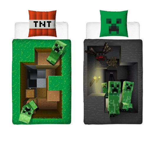 Familando Kinderbettwäsche Minecraft "Base" 135x200 + 80x80cm Gamingbettwäsche aus 100% Baumwolle, Renforcé, 2 teilig, mit 3D Motiv und Creeper Figuren