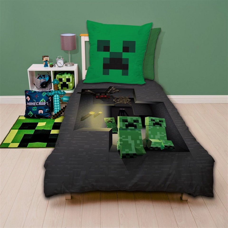 Familando Kinderbettwäsche Minecraft "Base" 135x200 + 80x80cm Gamingbettwäsche aus 100% Baumwolle, Renforcé, 2 teilig, mit 3D Motiv und Creeper Figuren