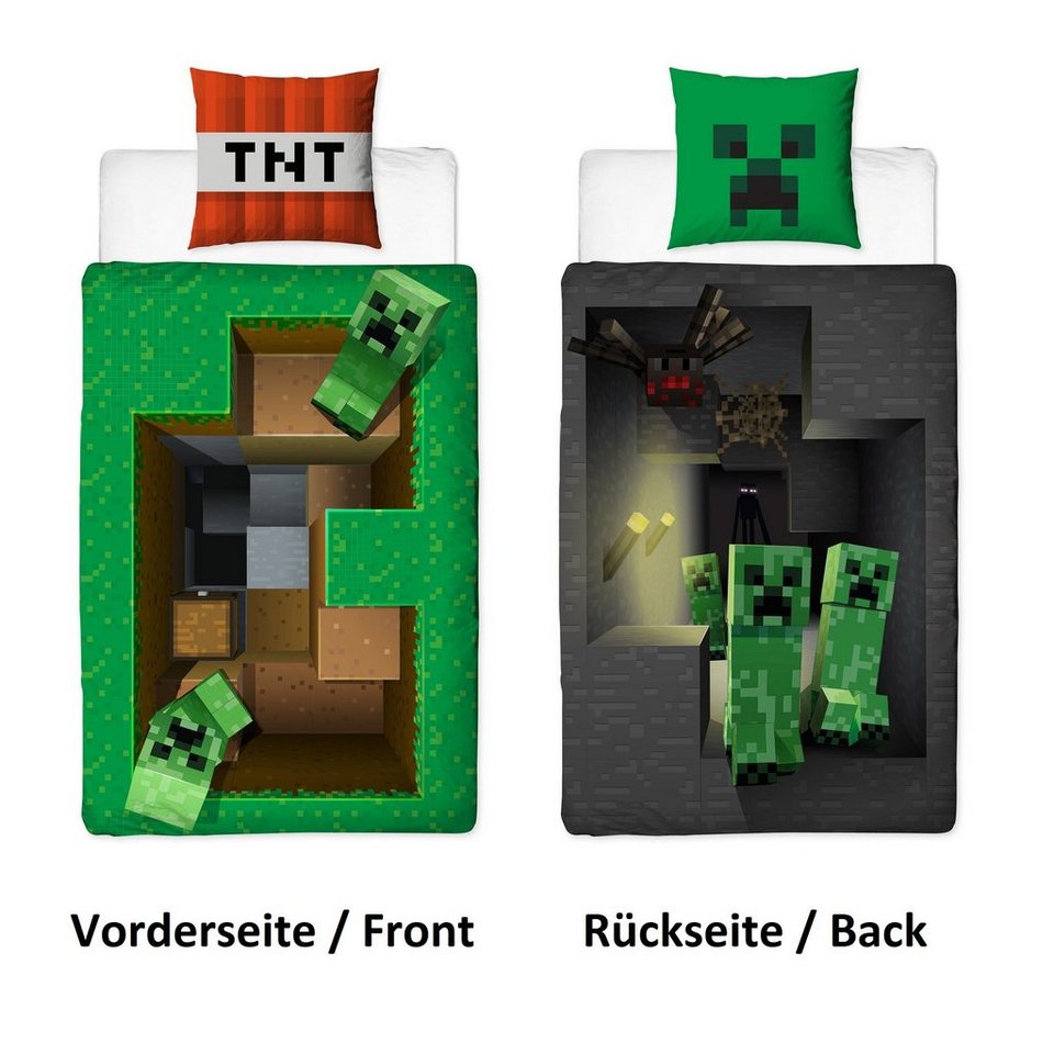 Familando Kinderbettwäsche Minecraft "Base" 135x200 + 80x80cm Gamingbettwäsche aus 100% Baumwolle, Renforcé, 2 teilig, mit 3D Motiv und Creeper Figuren