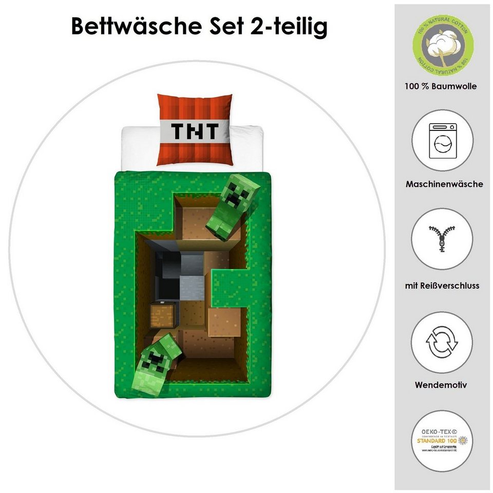 Familando Kinderbettwäsche Minecraft "Base" 135x200 + 80x80cm Gamingbettwäsche aus 100% Baumwolle, Renforcé, 2 teilig, mit 3D Motiv und Creeper Figuren
