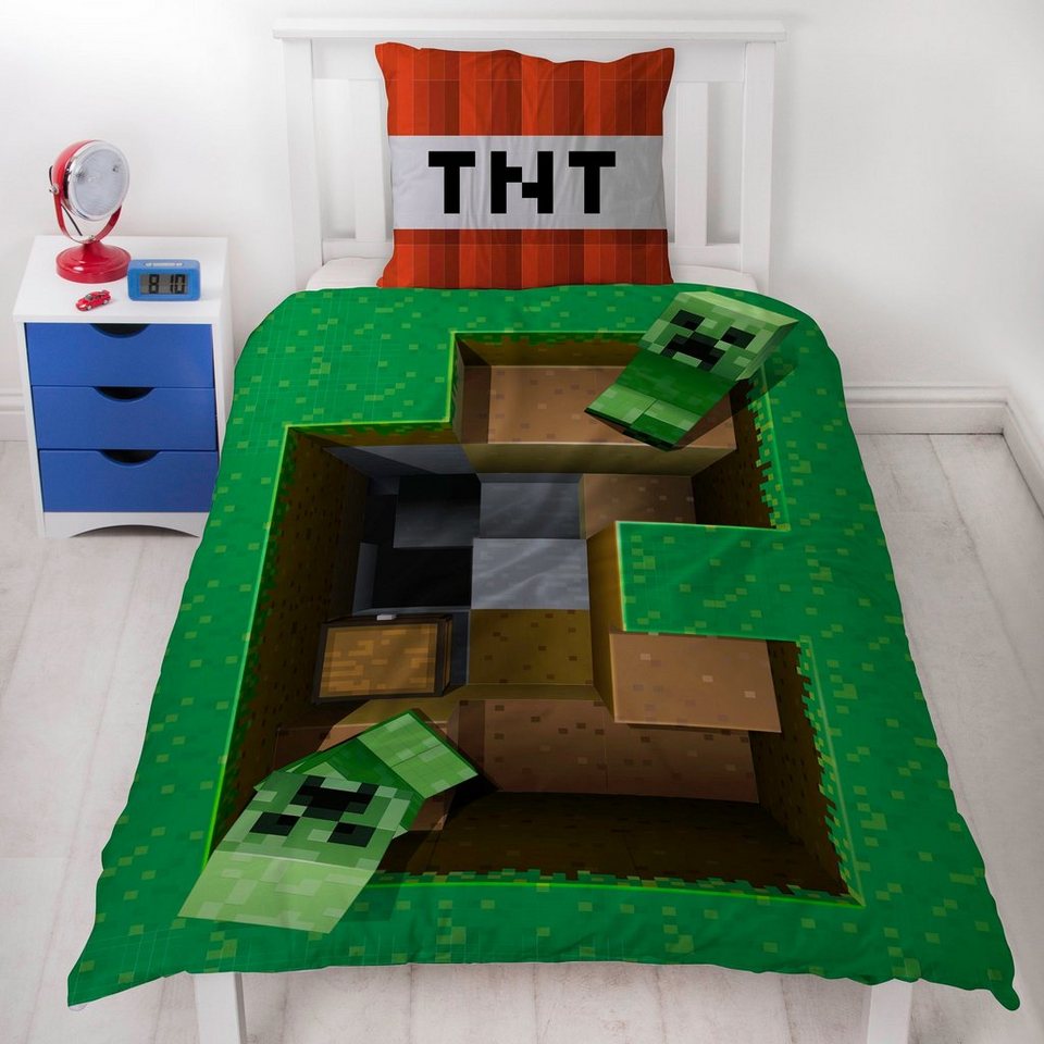 Familando Kinderbettwäsche Minecraft "Base" 135x200 + 80x80cm Gamingbettwäsche aus 100% Baumwolle, Renforcé, 2 teilig, mit 3D Motiv und Creeper Figuren