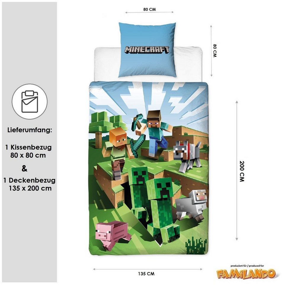 Familando Kinderbettwäsche Minecraft "Battle" 135x200 + 80x80 cm aus 100% Baumwolle mit Reißversc, Renforcé, 2 teilig, mit Charakteren Steve, Alex und Creeper