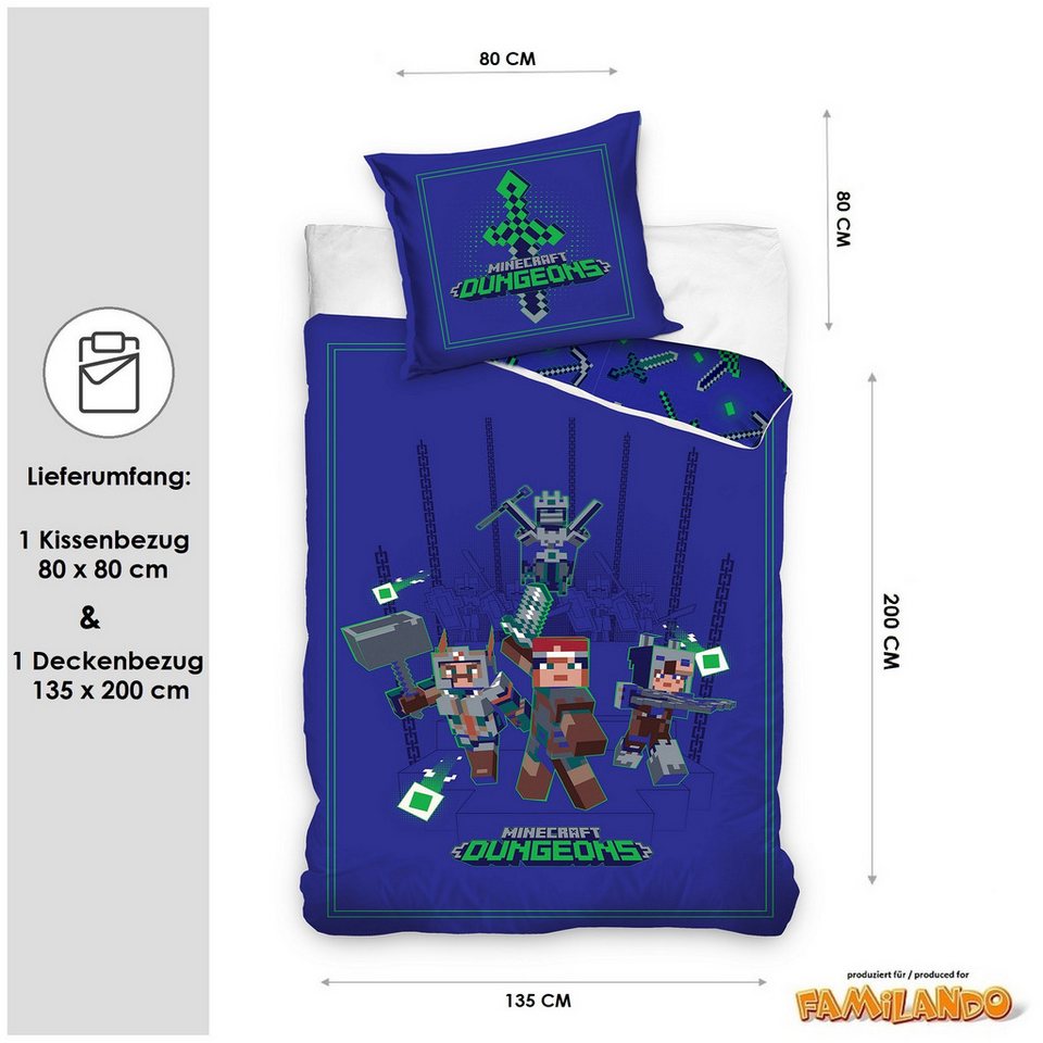 Familando Kinderbettwäsche Minecraft Bettwäsche Set für Jungen Kinderbettwäsche 135x200 80x80 cm, Renforcé, 2 teilig, mit Schriftzug und gemusterter Wendeseite