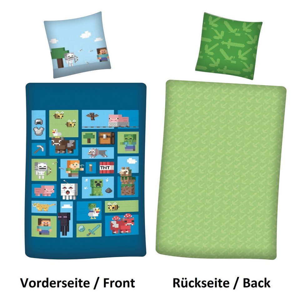 Familando Kinderbettwäsche Minecraft "Collage" 135x200 + 80x80 cm mit Reißverschluss (Polycotton), Renforcé, 2 teilig, in Pixel Optik mit allen wichtigen Charakteren