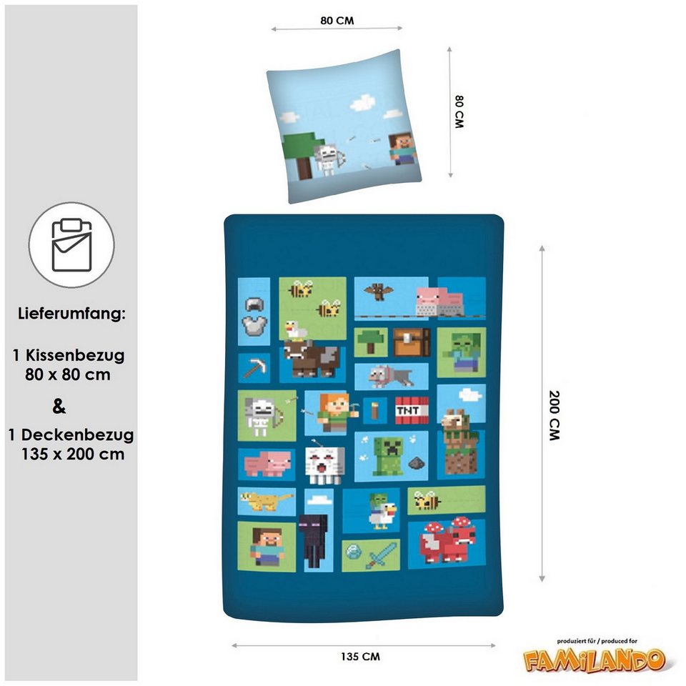 Familando Kinderbettwäsche Minecraft "Collage" 135x200 + 80x80 cm mit Reißverschluss (Polycotton), Renforcé, 2 teilig, in Pixel Optik mit allen wichtigen Charakteren