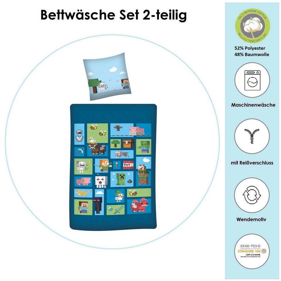 Familando Kinderbettwäsche Minecraft "Collage" 135x200 + 80x80 cm mit Reißverschluss (Polycotton), Renforcé, 2 teilig, in Pixel Optik mit allen wichtigen Charakteren
