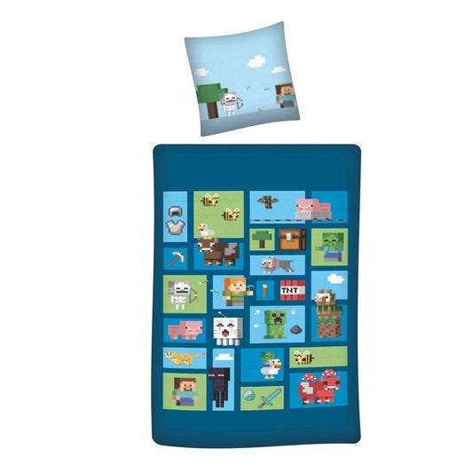 Familando Kinderbettwäsche Minecraft "Collage" 135x200 + 80x80 cm mit Reißverschluss (Polycotton), Renforcé, 2 teilig, in Pixel Optik mit allen wichtigen Charakteren