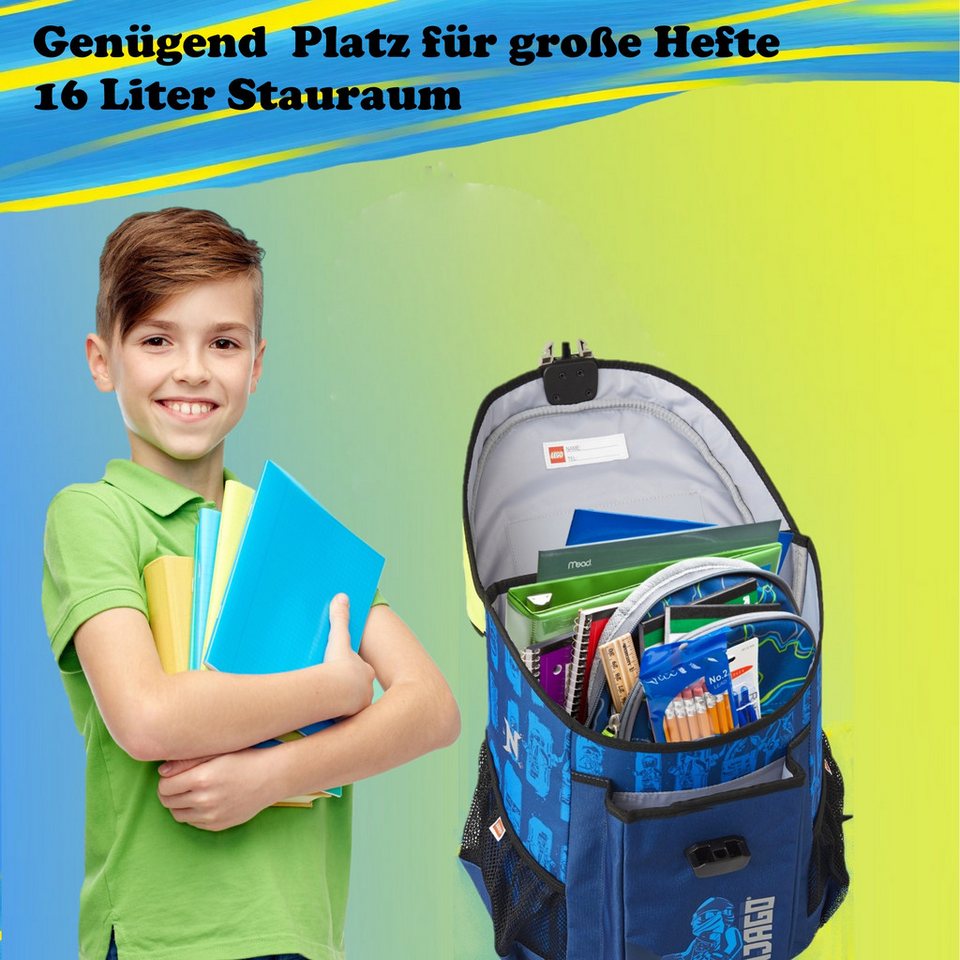 LEGO® Bags Schulranzen Lego Ninjago Einschulungs-Set "Easy" mit gefüllter Federmappe (Set, 6-tlg., Grundset mit Federmappe, Schlamper Turn- und Geldbeutel), ab der 1. Klasse, Ultra-Leicht, 16L Volumen, wasserabweisend