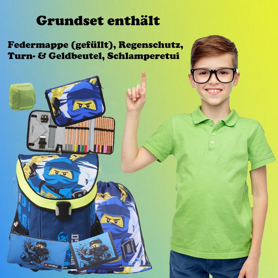 LEGO® Bags Schulranzen Lego Ninjago Einschulungs-Set "Easy" mit gefüllter Federmappe (Set, 6-tlg., Grundset mit Federmappe, Schlamper Turn- und Geldbeutel), ab der 1. Klasse, Ultra-Leicht, 16L Volumen, wasserabweisend