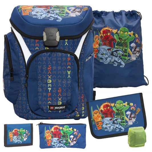 LEGO® Bags Schulranzen Lego Ninjago Einschulungs-Set "Explorer" mit gefüllter Federmappe (Set, 6-tlg., mit Schlamper, Turn- & Geldbeutel), ab der 1. Klasse, Ergonomisch, 16L Volumen, wasserabweisend