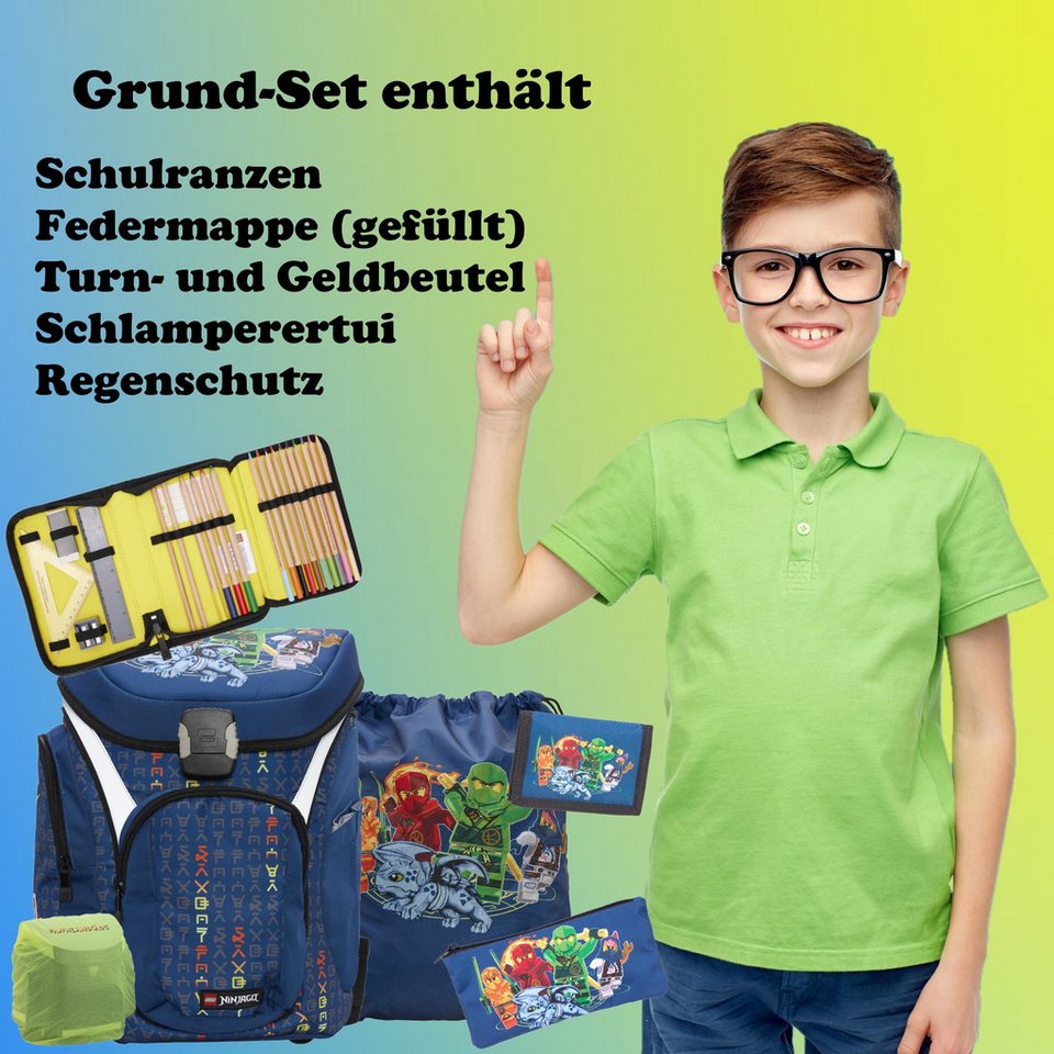 LEGO® Bags Schulranzen Lego Ninjago Einschulungs-Set "Explorer" mit gefüllter Federmappe (Set, 6-tlg., mit Schlamper, Turn- & Geldbeutel), ab der 1. Klasse, Ergonomisch, 16L Volumen, wasserabweisend