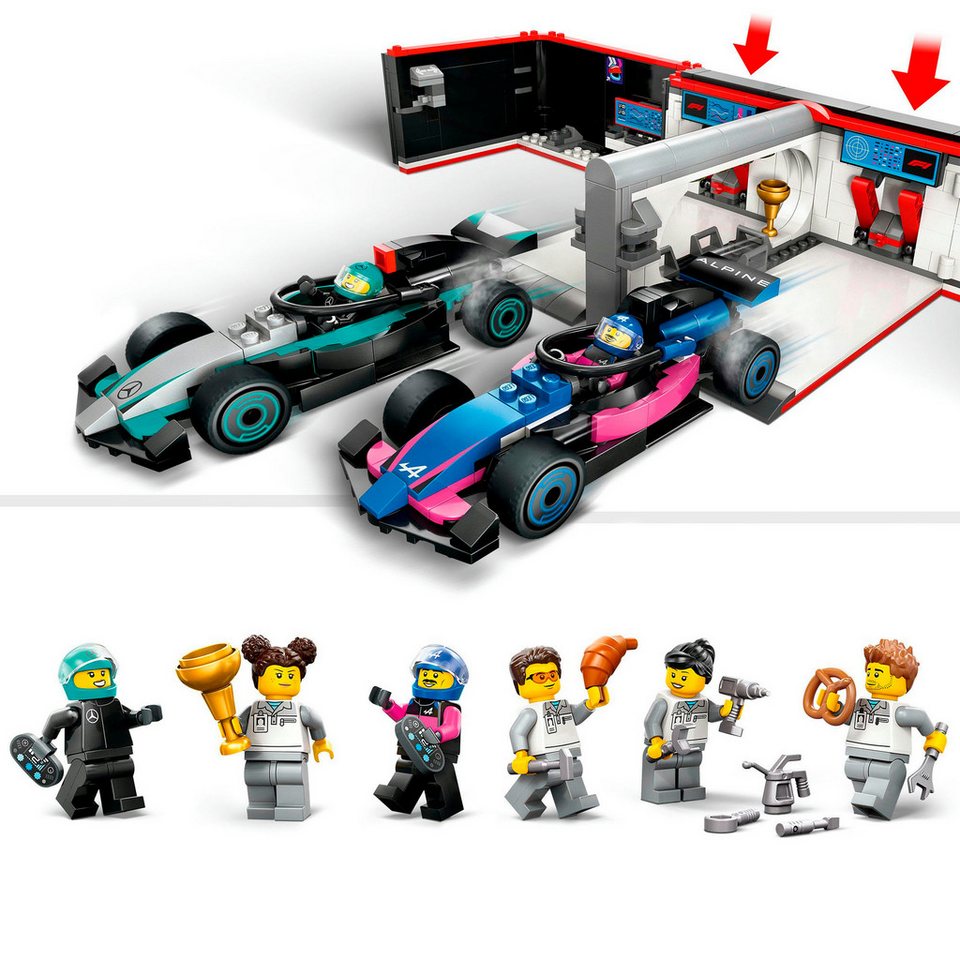 LEGO® F1® Garage mit Mercedes-AMG & Alpine Rennautos (60444), LEGO City Konstruktionsspielsteine, (678 St), Made in Europe