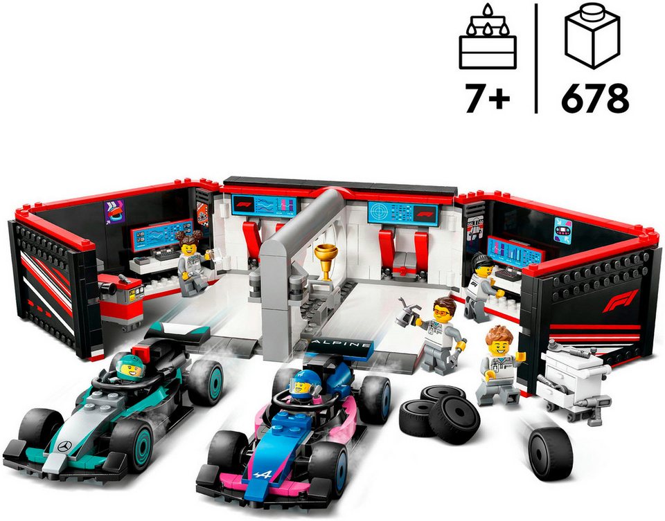 LEGO® F1® Garage mit Mercedes-AMG & Alpine Rennautos (60444), LEGO City Konstruktionsspielsteine, (678 St), Made in Europe