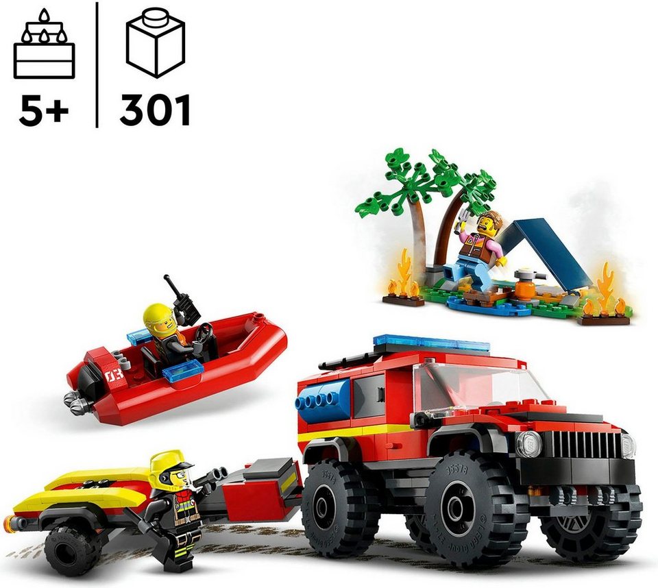 LEGO® Feuerwehrgeländewagen mit Rettungsboot (60412), LEGO City Konstruktionsspielsteine, (301 St), Made in Europe