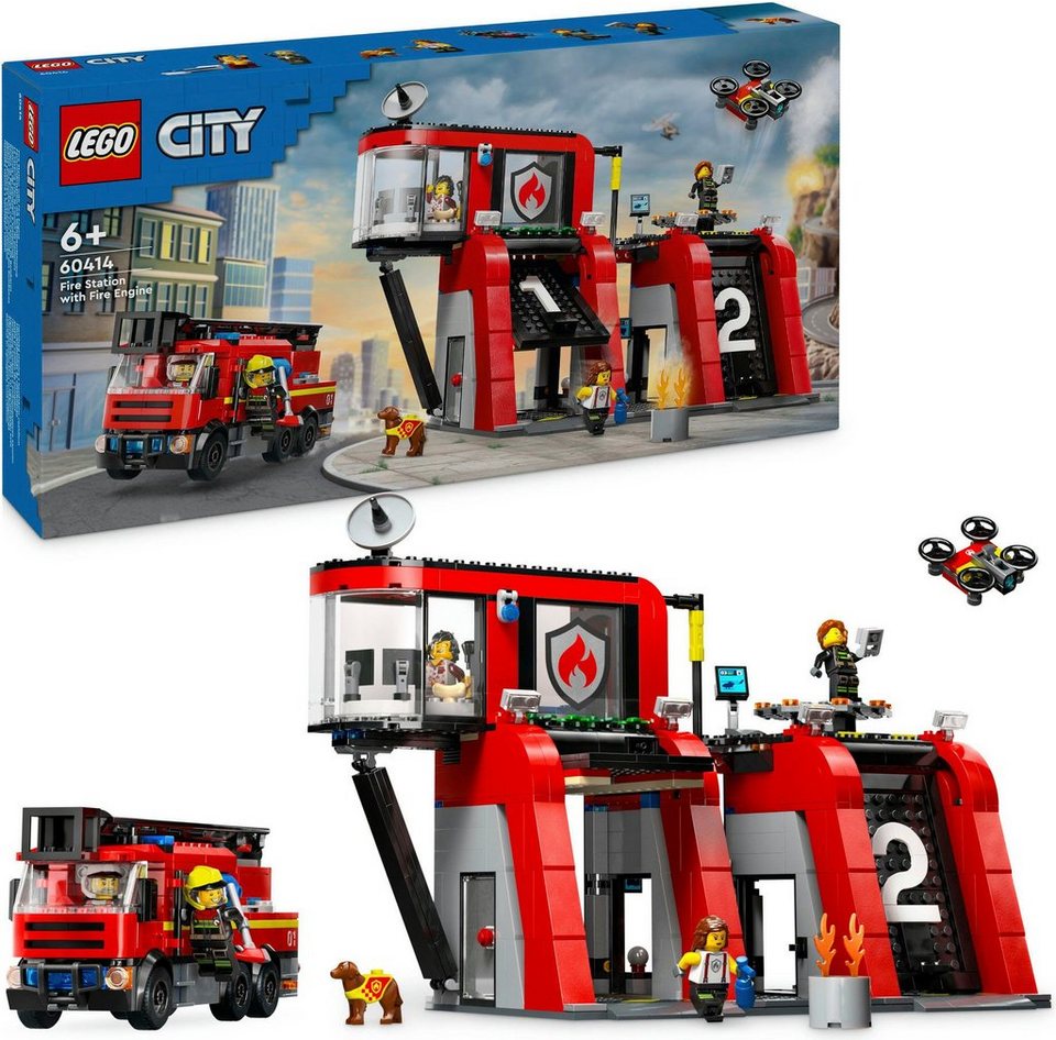 LEGO® Feuerwehrstation mit Drehleiterfahrzeug (60414), LEGO City Konstruktionsspielsteine, (843 St), Made in Europe
