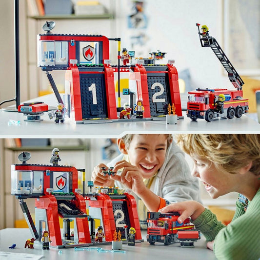 LEGO® Feuerwehrstation mit Drehleiterfahrzeug (60414), LEGO City Konstruktionsspielsteine, (843 St), Made in Europe