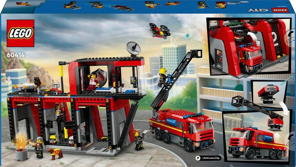 LEGO® Feuerwehrstation mit Drehleiterfahrzeug (60414), LEGO City Konstruktionsspielsteine, (843 St), Made in Europe