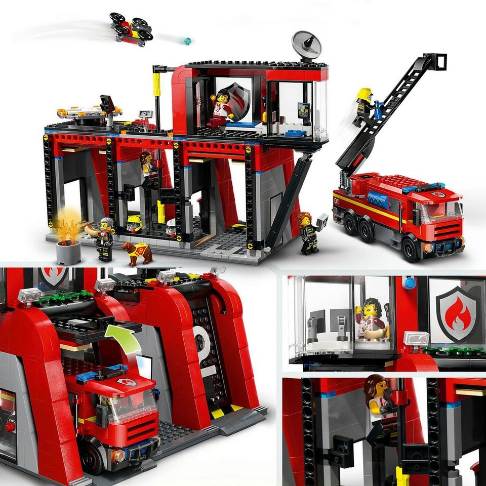 LEGO® Feuerwehrstation mit Drehleiterfahrzeug (60414), LEGO City Konstruktionsspielsteine, (843 St), Made in Europe
