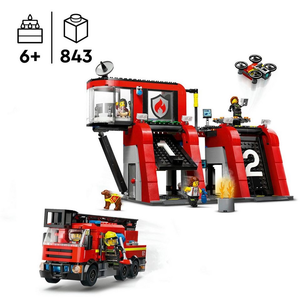 LEGO® Feuerwehrstation mit Drehleiterfahrzeug (60414), LEGO City Konstruktionsspielsteine, (843 St), Made in Europe
