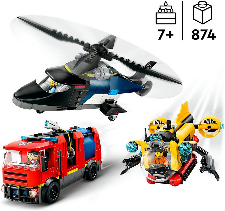 LEGO® Kombinationsset mit Hubschrauber, Löschauto und U-Boot (60462) Konstruktionsspielsteine, (874 St), LEGO City; Made in Europe