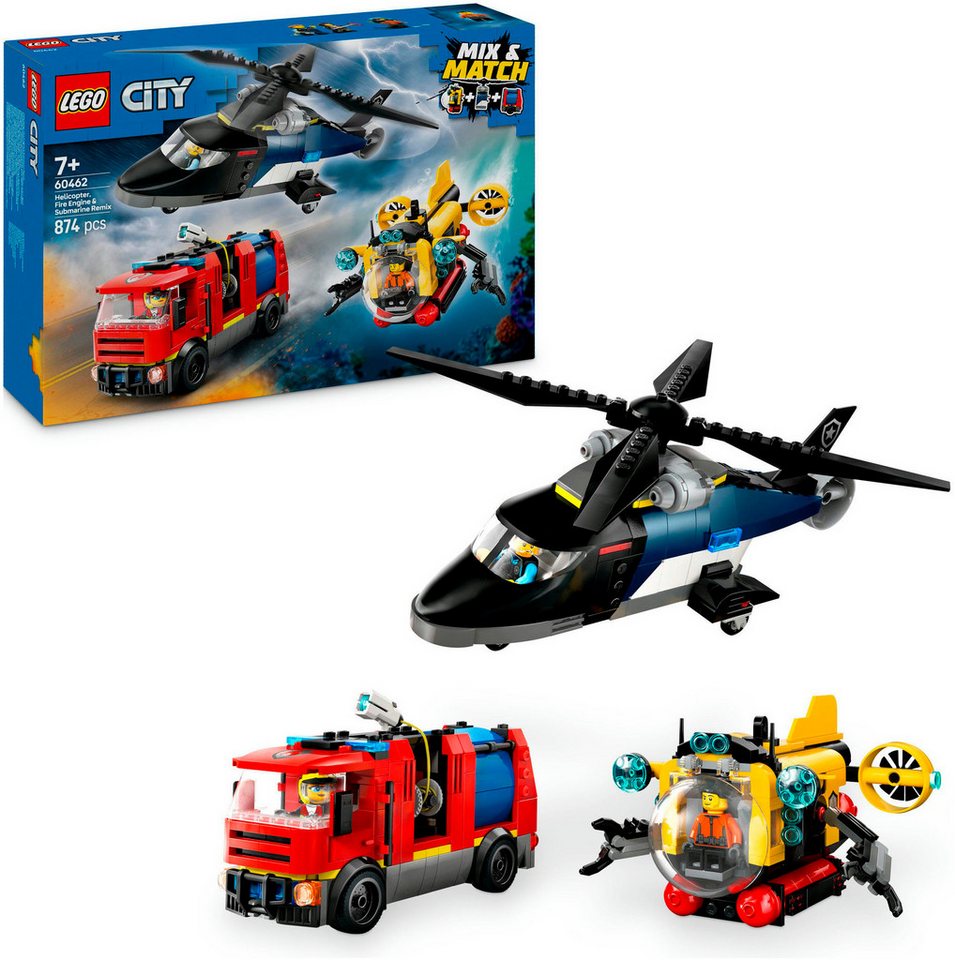 LEGO® Kombinationsset mit Hubschrauber, Löschauto und U-Boot (60462) Konstruktionsspielsteine, (874 St), LEGO City; Made in Europe