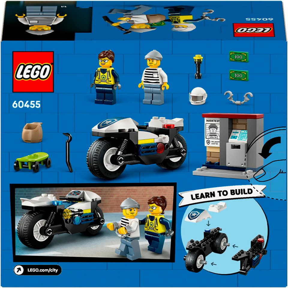 LEGO® Verfolgungsjagd mit dem Polizeimotorrad (60455), LEGO City Konstruktionsspielsteine, (65 St), Made in Europe