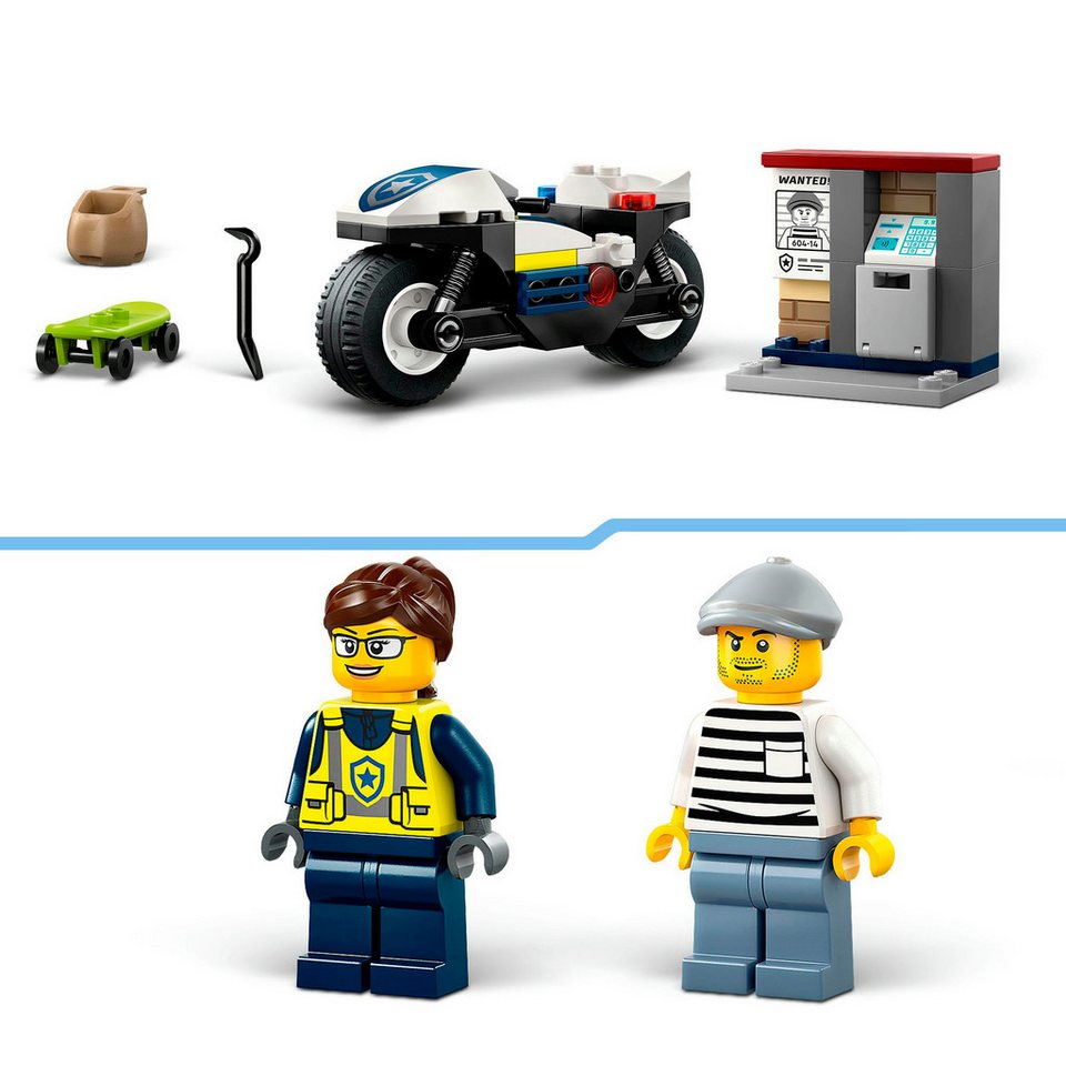 LEGO® Verfolgungsjagd mit dem Polizeimotorrad (60455), LEGO City Konstruktionsspielsteine, (65 St), Made in Europe
