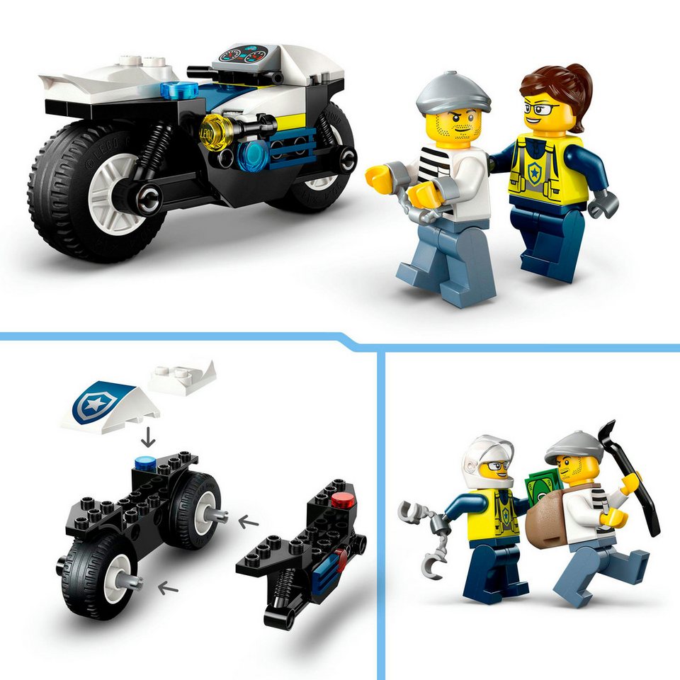 LEGO® Verfolgungsjagd mit dem Polizeimotorrad (60455), LEGO City Konstruktionsspielsteine, (65 St), Made in Europe