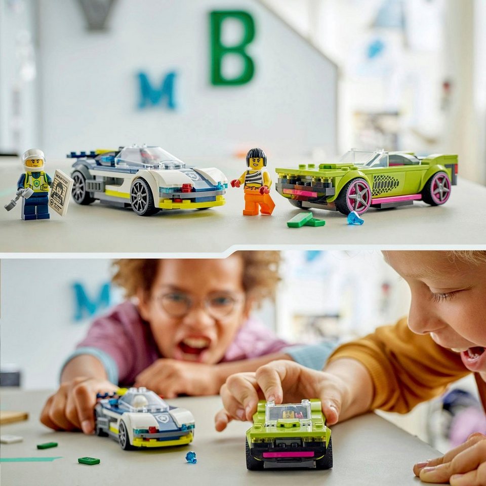 LEGO® Verfolgungsjagd mit Polizeiauto und Muscle Car (60415), LEGO City Konstruktionsspielsteine, (213 St), Made in Europe