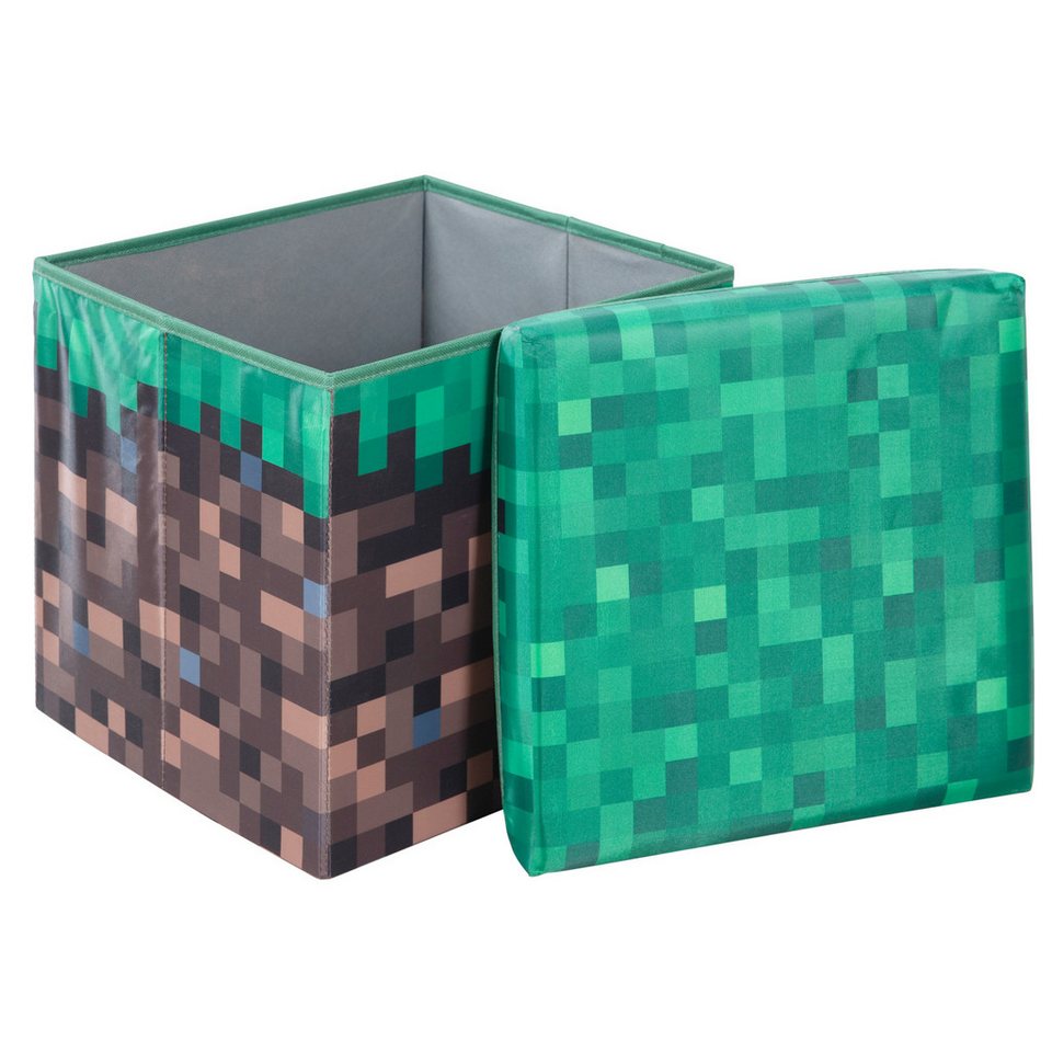 Minecraft Aufbewahrungsbox & Sitzbox - in Minecraft Gras-Block Design - Perfektes für Fans, Box aus robustem Canvas - Quadratisch 30 cm groß