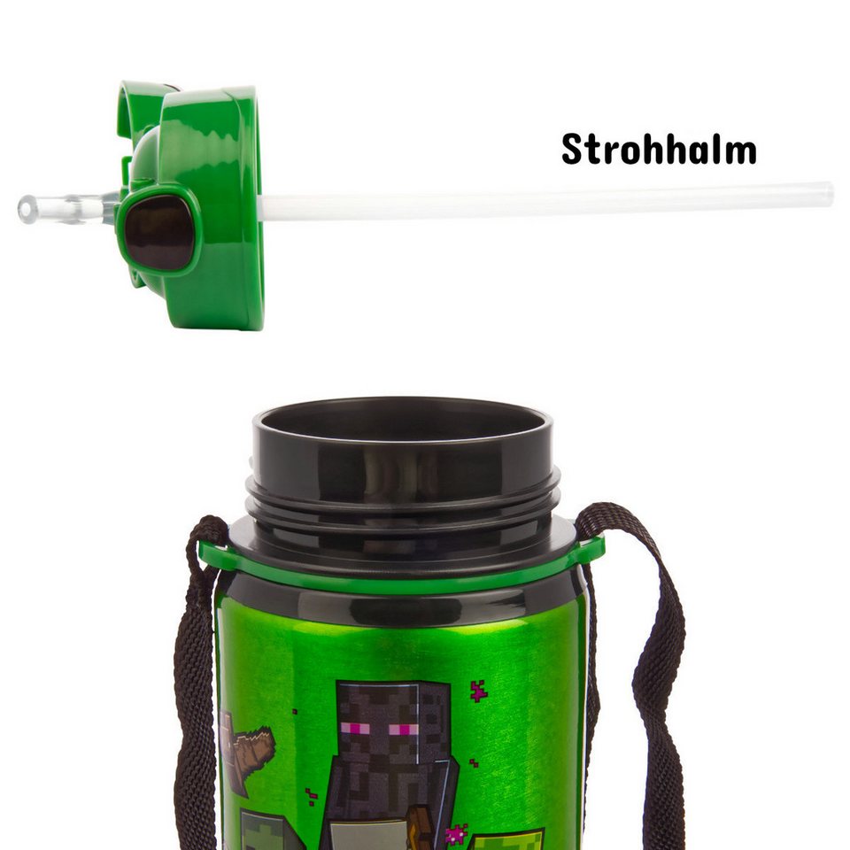miniHeld Trinkflasche Kinder Trinkflasche Minecraft 600ml Tragegurt Aluminium GameCharakter