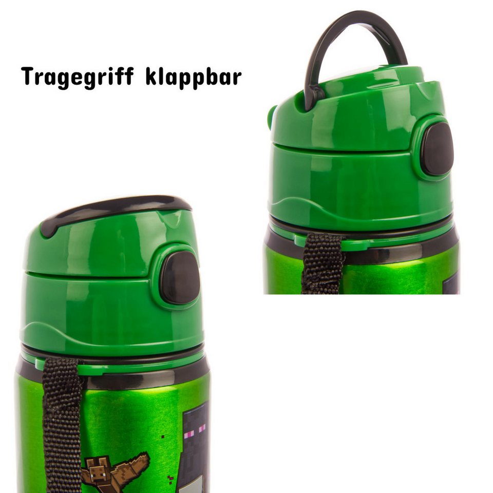 miniHeld Trinkflasche Kinder Trinkflasche Minecraft 600ml Tragegurt Aluminium GameCharakter