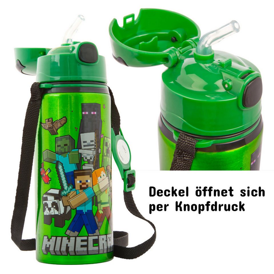 miniHeld Trinkflasche Kinder Trinkflasche Minecraft 600ml Tragegurt Aluminium GameCharakter