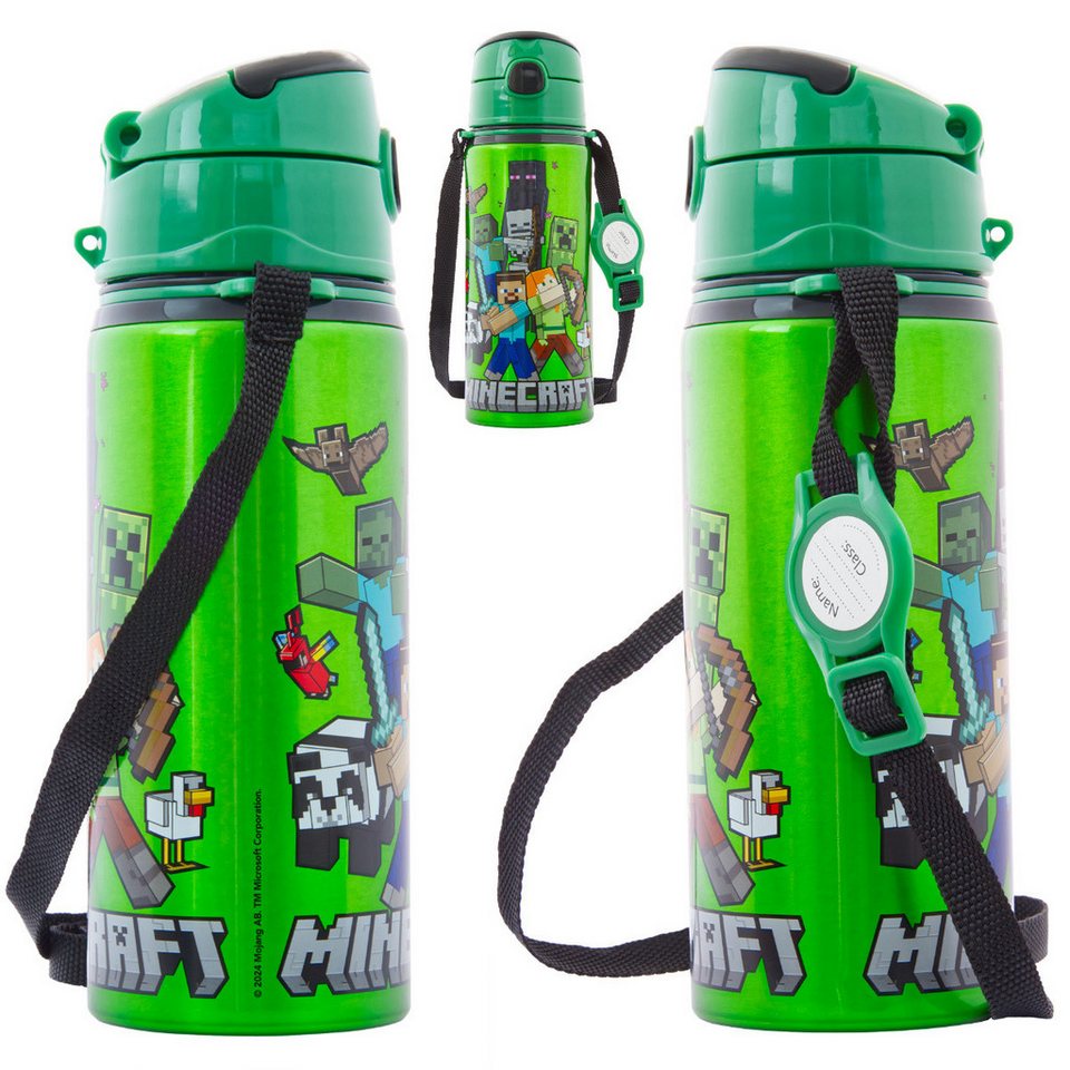 miniHeld Trinkflasche Kinder Trinkflasche Minecraft 600ml Tragegurt Aluminium GameCharakter