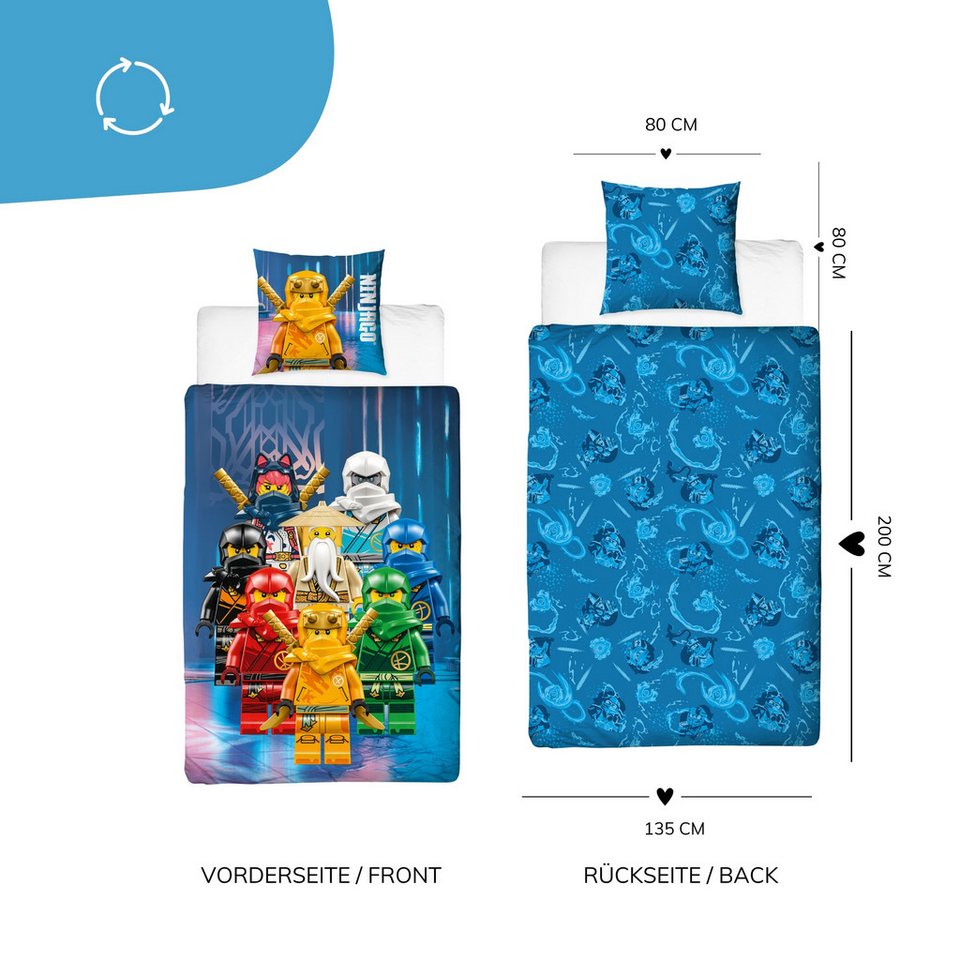 MTOnlinehandel Bettwäsche Lego Ninjago Team Power, 135x200 + 80x80 cm, episch und farbenfroh, 100% Polyester, 2 teilig, Geschenk für Jungen und Mädchen