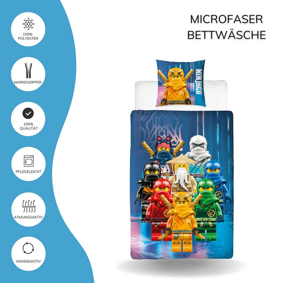 MTOnlinehandel Bettwäsche Lego Ninjago Team Power, 135x200 + 80x80 cm, episch und farbenfroh, 100% Polyester, 2 teilig, Geschenk für Jungen und Mädchen
