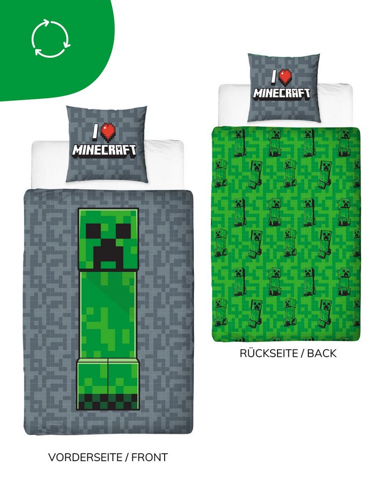 MTOnlinehandel Kinderbettwäsche Minecraft 135x200 + 80x80 cm 100% Baumwolle, Biber, 2 teilig, Wende-Motiv, Gaming, Schriftzug "I love Minecraft"