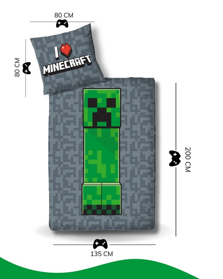 MTOnlinehandel Kinderbettwäsche Minecraft 135x200 + 80x80 cm 100% Baumwolle, Biber, 2 teilig, Wende-Motiv, Gaming, Schriftzug "I love Minecraft"