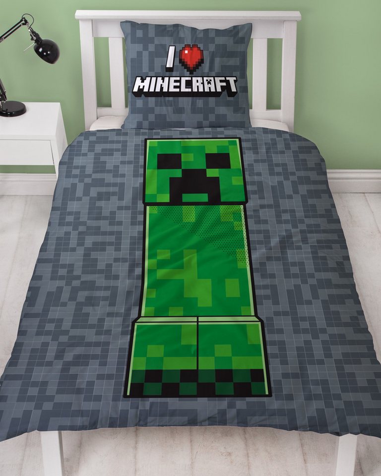 MTOnlinehandel Kinderbettwäsche Minecraft 135x200 + 80x80 cm 100% Baumwolle, Biber, 2 teilig, Wende-Motiv, Gaming, Schriftzug "I love Minecraft"