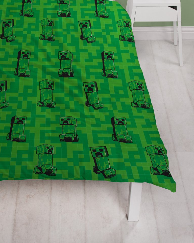 MTOnlinehandel Kinderbettwäsche Minecraft 135x200 + 80x80 cm 100% Baumwolle, Biber, 2 teilig, Wende-Motiv, Gaming, Schriftzug "I love Minecraft"