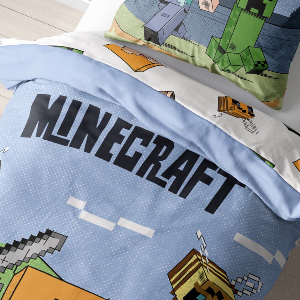 MTOnlinehandel Kinderbettwäsche Minecraft Steve & Alex, Geschenk für Gamer, Mikrofaser, 2 teilig, Wendebettwäsche für Mädchen und Jungs, 135x200 + 80x80 cm, Gaming