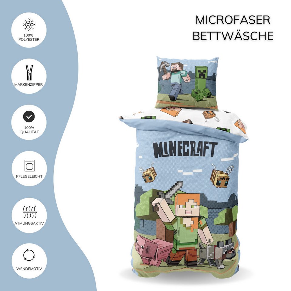 MTOnlinehandel Kinderbettwäsche Minecraft Steve & Alex, Geschenk für Gamer, Mikrofaser, 2 teilig, Wendebettwäsche für Mädchen und Jungs, 135x200 + 80x80 cm, Gaming