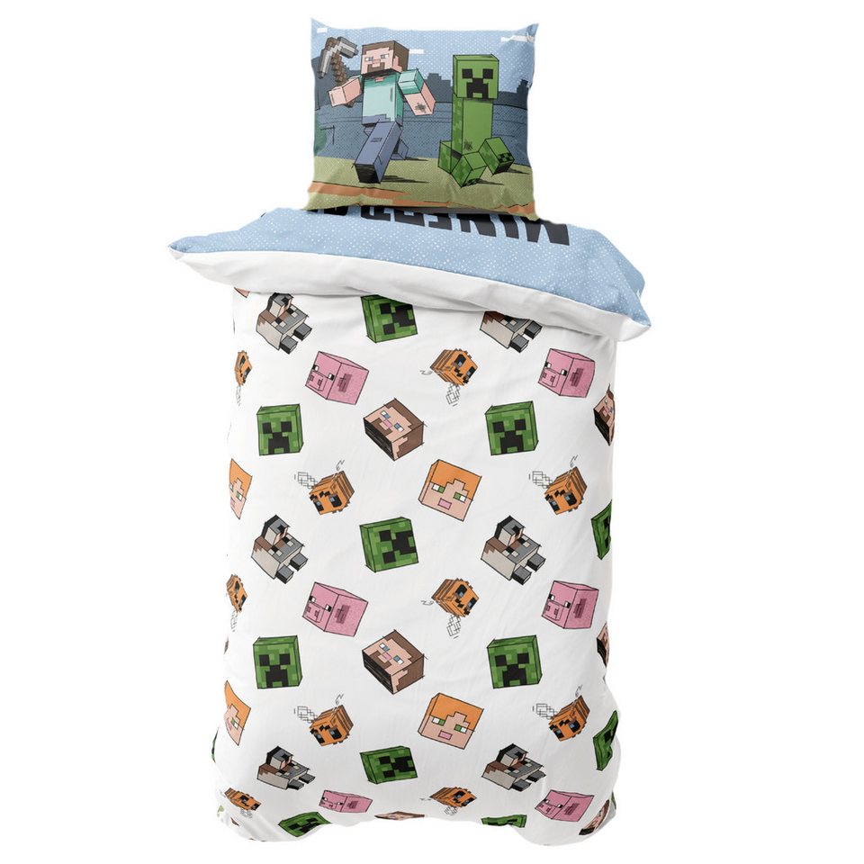 MTOnlinehandel Kinderbettwäsche Minecraft Steve & Alex, Geschenk für Gamer, Mikrofaser, 2 teilig, Wendebettwäsche für Mädchen und Jungs, 135x200 + 80x80 cm, Gaming