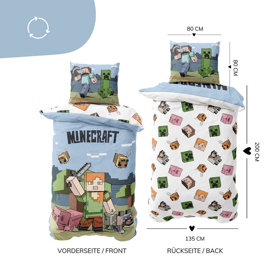 MTOnlinehandel Kinderbettwäsche Minecraft Steve & Alex, Geschenk für Gamer, Mikrofaser, 2 teilig, Wendebettwäsche für Mädchen und Jungs, 135x200 + 80x80 cm, Gaming